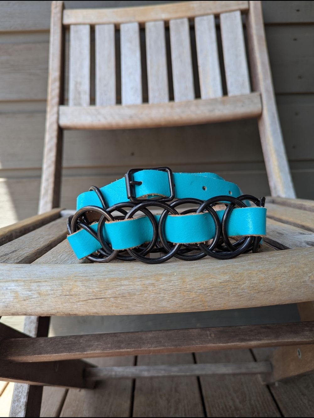 Teal Leather Belt with Decorative Black Chain Rings Size 32